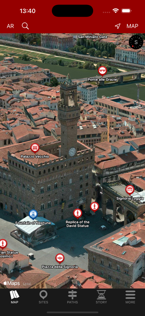 Florence Tour - Travel Guide - Mapa interactivo 3D de vista de pájaro de los monumentos de Florencia, incluido el Palazzo Vecchio y la Piazza della Signoria, en la guía de viaje