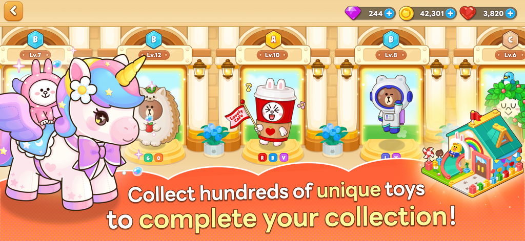 Brown Toys - Gameplay screenshot of Brown Toys showing a pink unicorn and various character collectibles in a display.