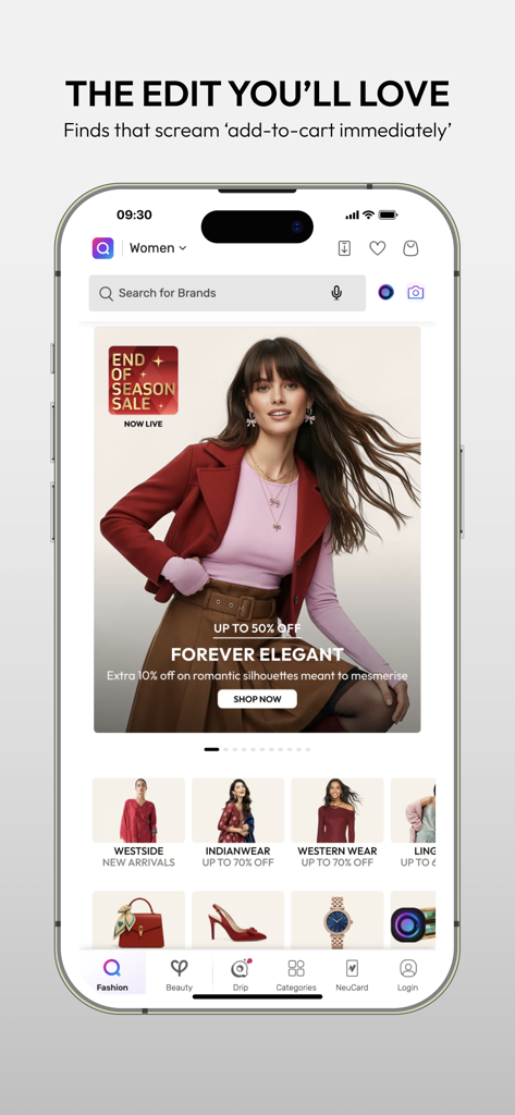 Application de shopping Tata CLiQ affichant des collections de mode et une bannière de soldes de fin de saison