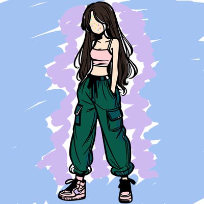 girl in baggy pants crop top and long hair