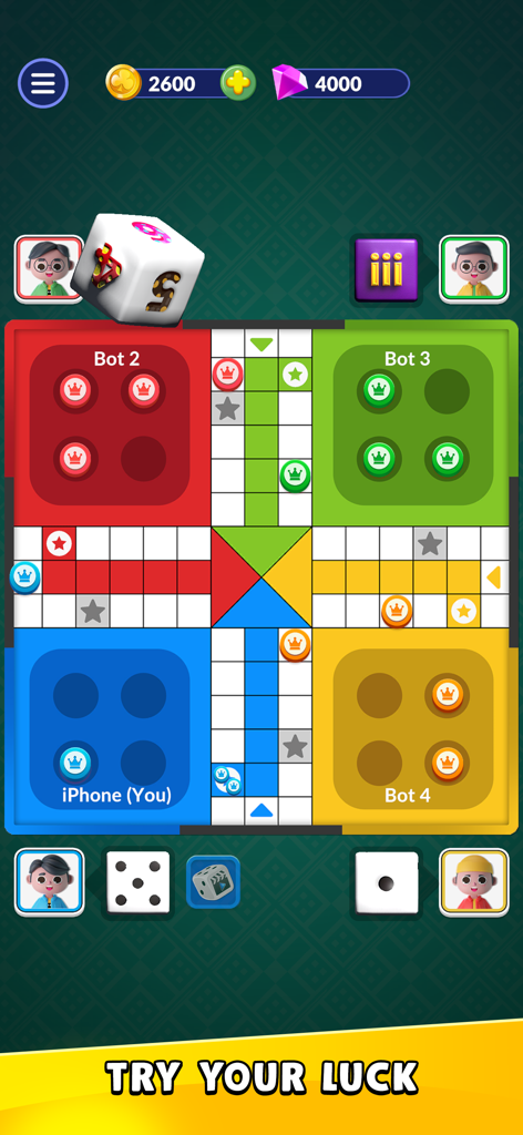 Ludo Blitz: Fun Dice Game - Ludo Blitz gameplay screen showing a rolling die on a colorful game board with the message Try Your Luck