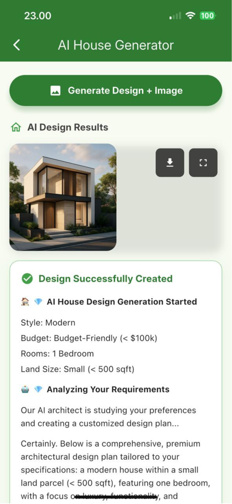 AI House Designer Pro - AI House Generator screen showing a modern house design and project specifications