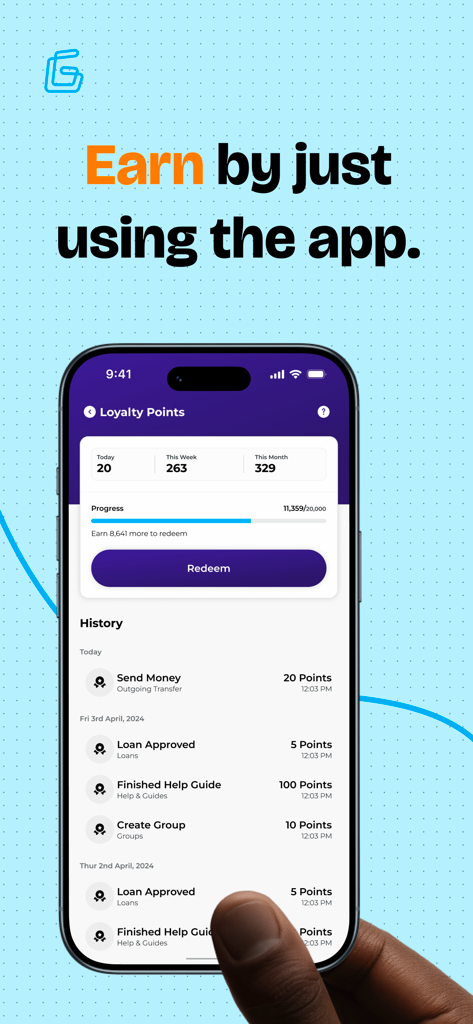 G-Money App - G-Money App Loyalty Points screen showing reward history and progress toward redemption