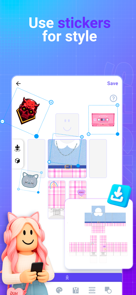 Makerblox - skin creator - Makerblox app interface showing how to add and edit stickers on a character skin template