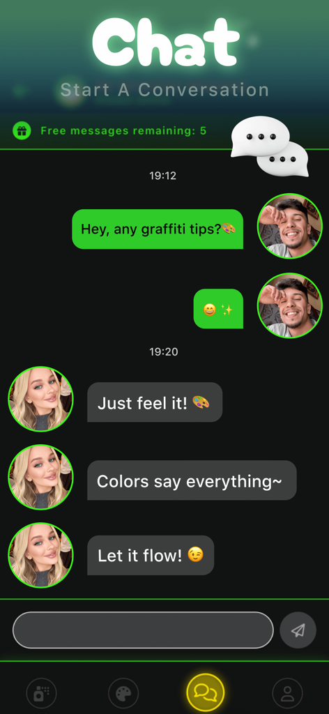A screenshot of the Tano app's chat interface where users exchange graffiti tips and creative advice.