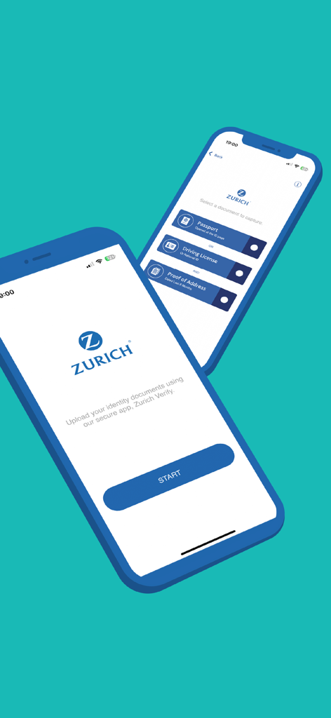 Zurich Verify - Capturas de tela do aplicativo móvel Zurich Verify mostrando a tela inicial e as opções de seleção de documentos para verificação de identidade
