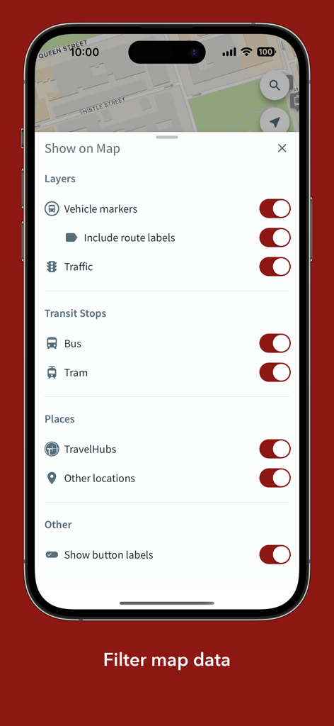 Una interfaz móvil que muestra la configuración de filtros del mapa para marcadores de vehículos, paradas de tránsito y centros de transporte en la aplicación Bus and Tram
