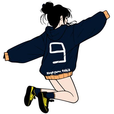 realistic girl jumping with a bun and oversized sweatshirt