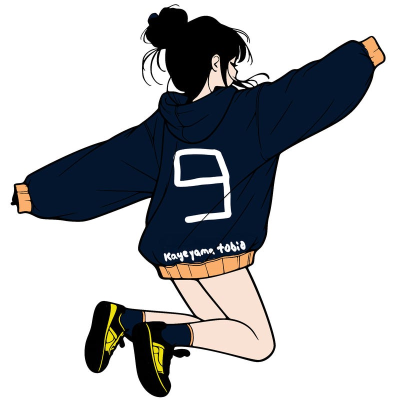 realistic girl jumping with a bun and oversized sweatshirt