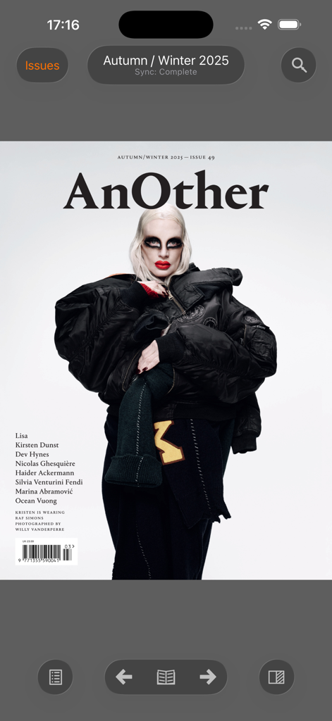 AnOther Magazine - AnOther Magazine mobile app interface showing the Autumn Winter 2025 issue cover with high fashion photography