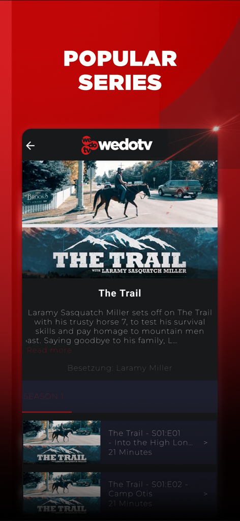 Oberfläche der wedotv-App, die eine Seite mit beliebten Serien für die Western-Serie The Trail anzeigt
