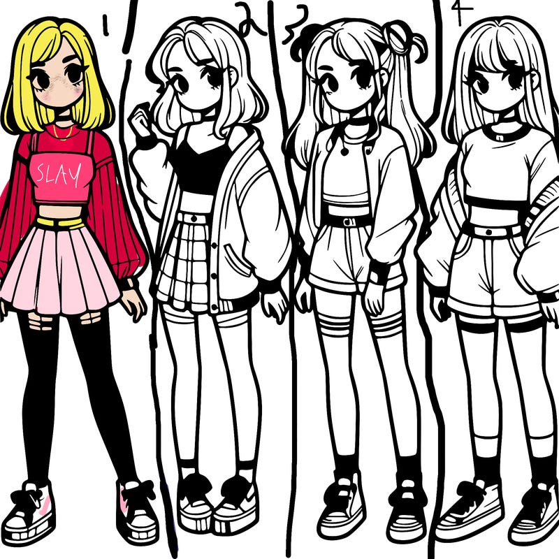 one girl with crop-top shirt and a jacket with a skirt, long socks and another girl with a shirt and pants with a jacket