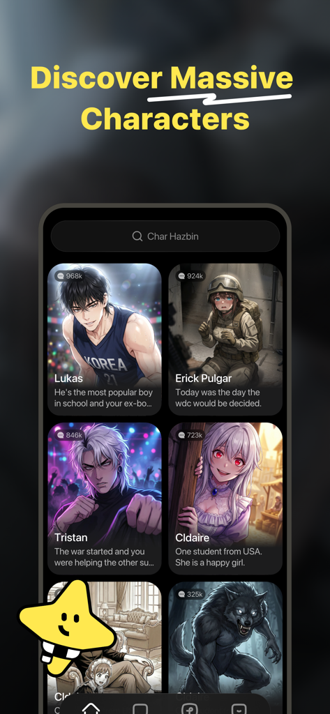Interface of Dootchi app displaying several anime characters available for AI roleplay chat