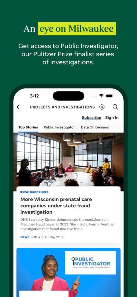 Milwaukee Journal Sentinel - ミルウォーキー・ジャーナル・センティネル アプリが Public Investigator シリーズとローカル調査報道レポートを紹介しています。
