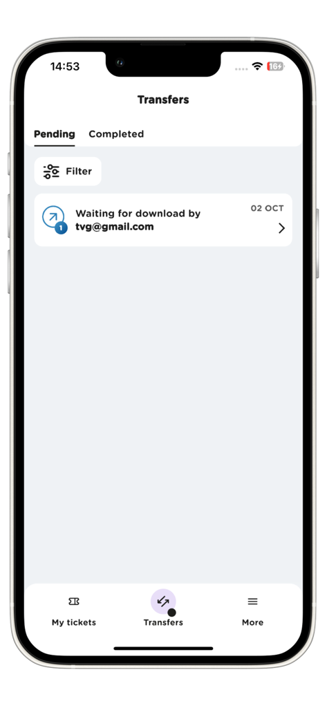 England Netball Tickets app interface showing a pending ticket transfer waiting for recipient download