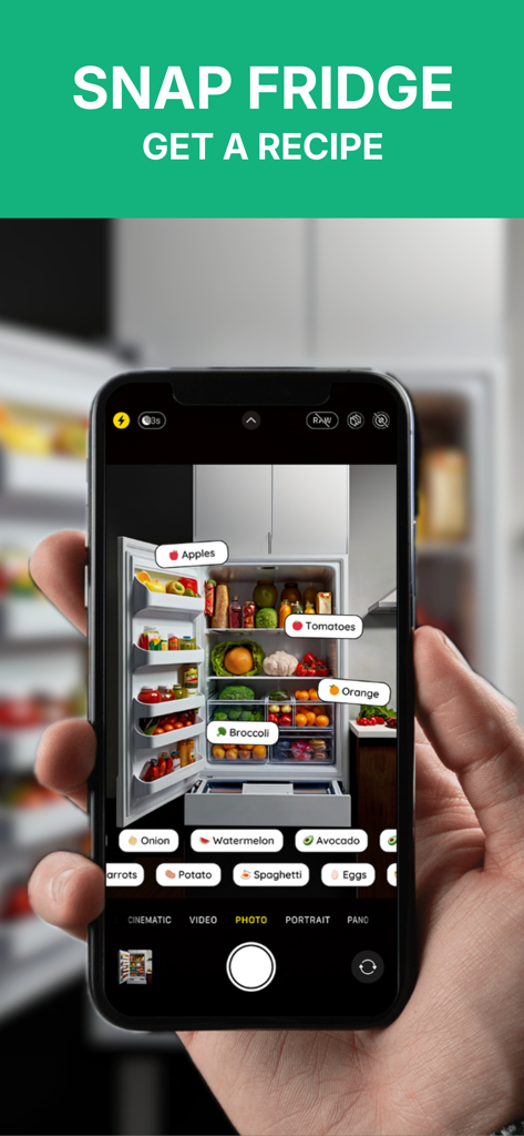 YouCook: Meal Plan & Recipes - A hand holding a smartphone using the YouCook app to scan a refrigerator and identify ingredients with AI labels