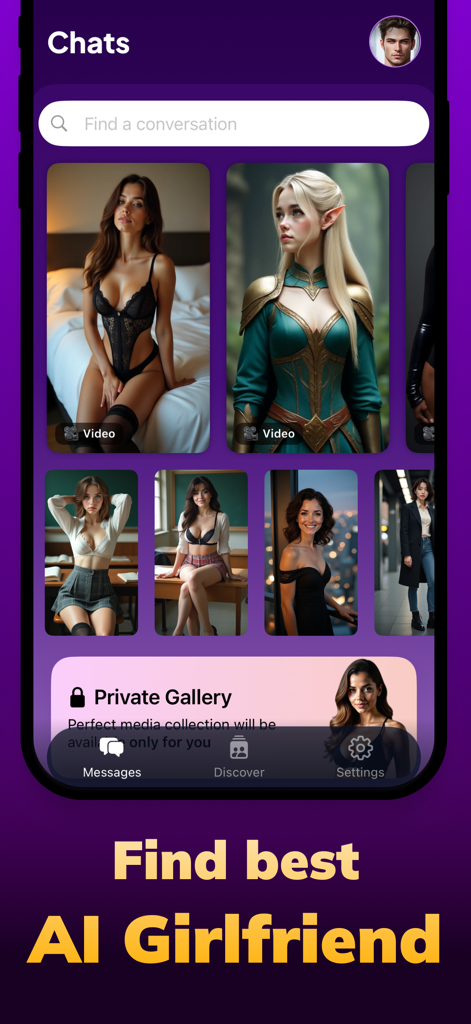 AI Girl Friend Chat  - AMA - Interface of AI Girl Friend Chat app showing a selection of diverse AI characters for roleplay and conversation.