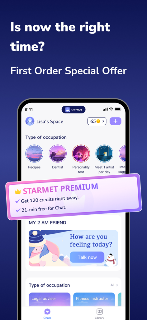 StarMet - StarMet app interface showing a premium subscription offer and the 2 AM friend AI companion feature.