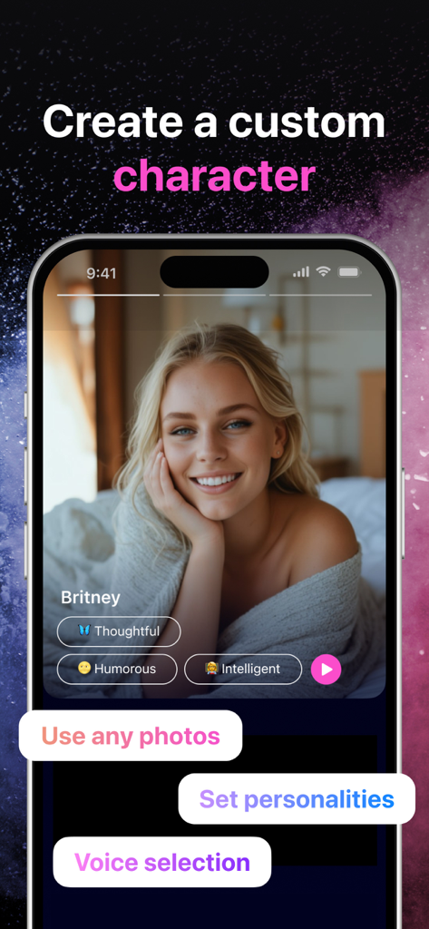 Ai Girl: Chat with Girlfriend - 선택 가능한 성격 특성과 사진으로 맞춤 AI 여자친구 캐릭터를 만드는 인터페이스.