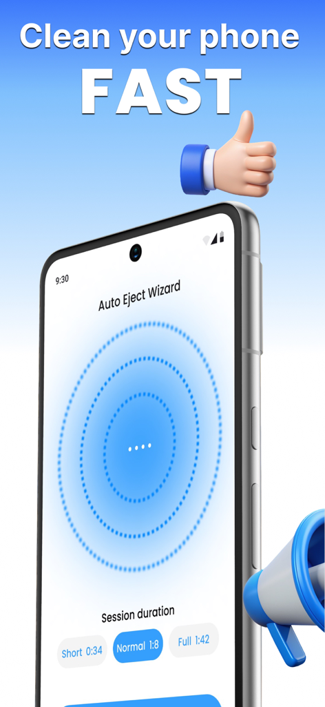 Water Eject: Clean Speaker - Oberfläche der Water Eject App, die den Auto Eject Wizard zur schnellen Lautsprecherreinigung zeigt
