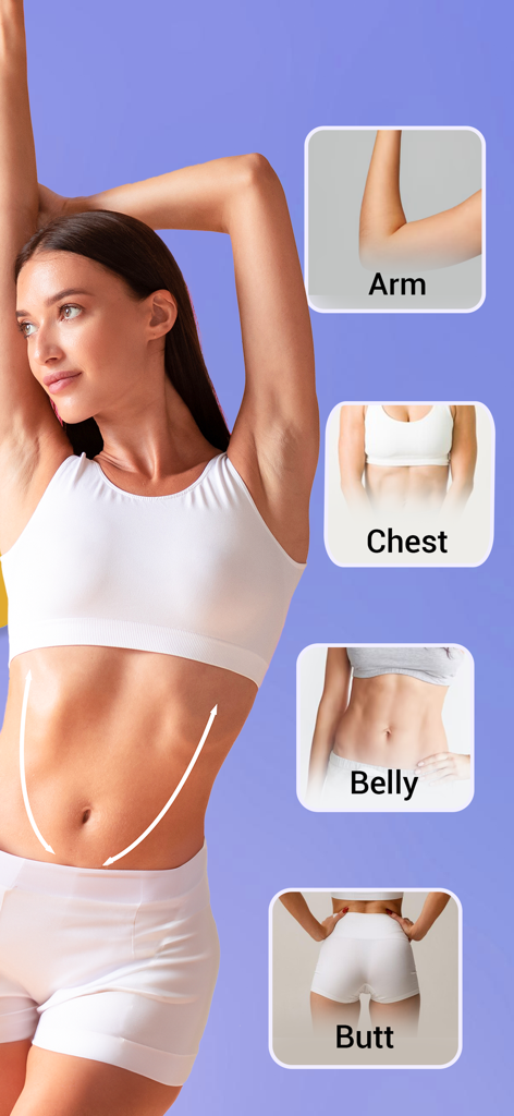 Flat Stomach Workout - 30 Days - Una mujer mostrando zonas de ejercicio objetivo para brazos, pecho, vientre y glúteos.