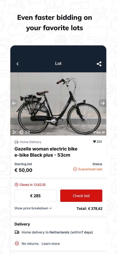 Interfaccia dell'app mobile Aste Surplex che mostra una pagina di offerte per una bici elettrica usata con un timer.