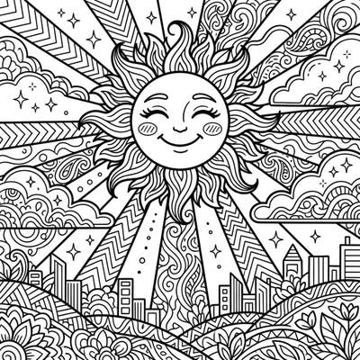 Capture the energy of a bright day with this intricate Midday Sun coloring page designed for teens. Dive into a detailed world of sunbeams, city skylines, and captivating patterns waiting for your artistic touch.
