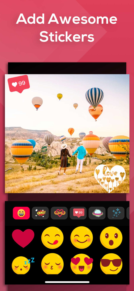 A photo editing interface showing a travel picture with hot air balloons and a sticker selection menu featuring emojis and heart icons.