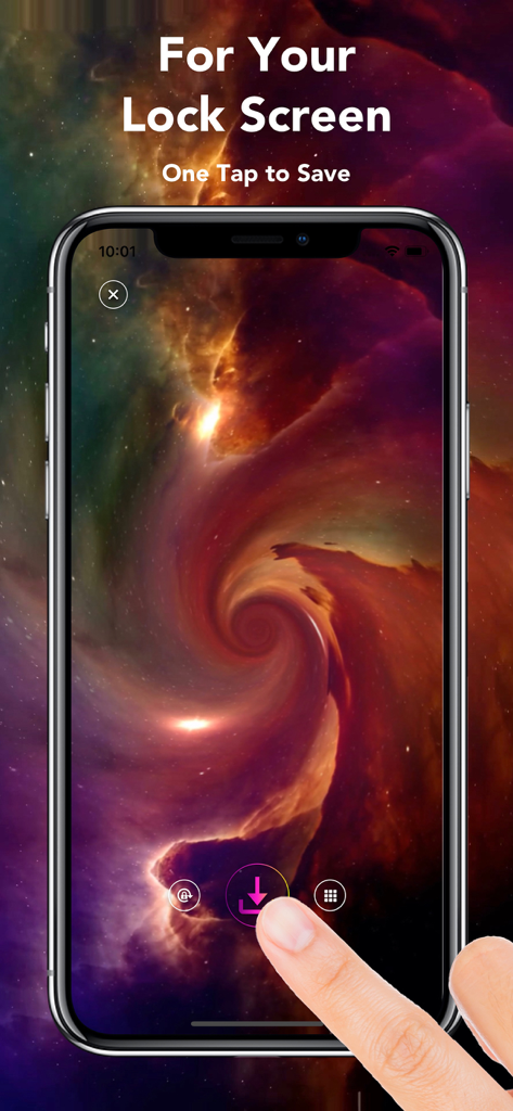 A hand tapping the save button for a colorful space nebula live wallpaper on an iPhone.