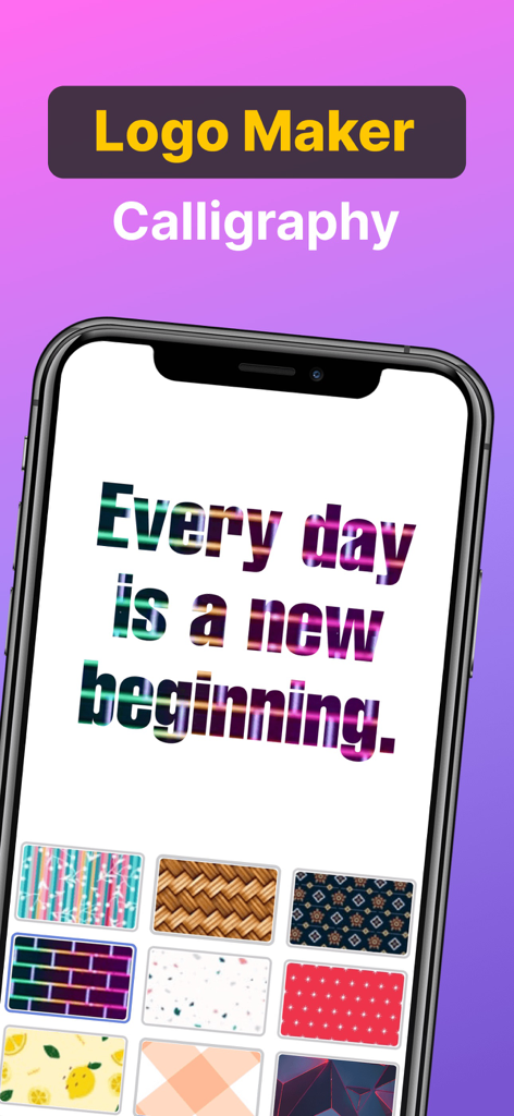 Fonts - Logo Maker - Smartphone interface of Logo Maker app displaying patterned calligraphy text and design background options