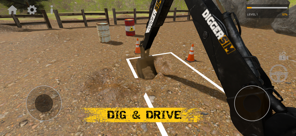 DiggerSim Excavator Simulator gameplay showing a machine digging dirt in a construction site
