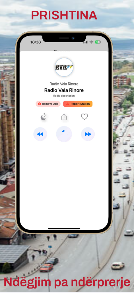 Radio Kosova Live FM app player interface showing Radio Vala Rinore station with Prishtina background