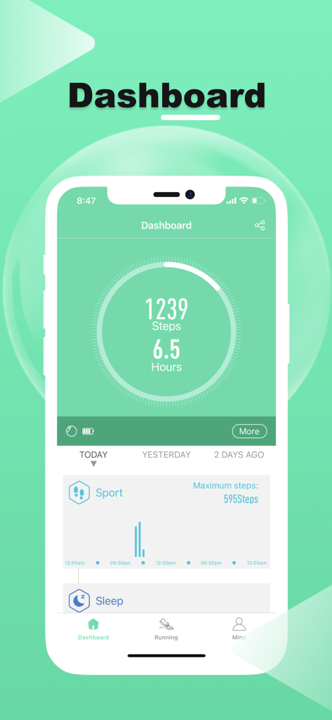 H Band Lite - H Band Lite mobile app dashboard showing daily step counts and sleep activity