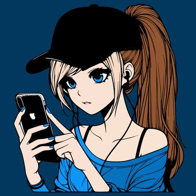 realistic girl with a long ponytail and trucker hat holding an iphone