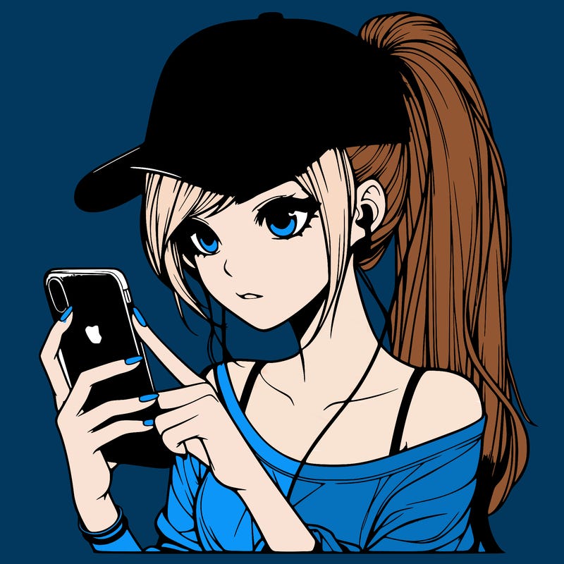 realistic girl with a long ponytail and trucker hat holding an iphone