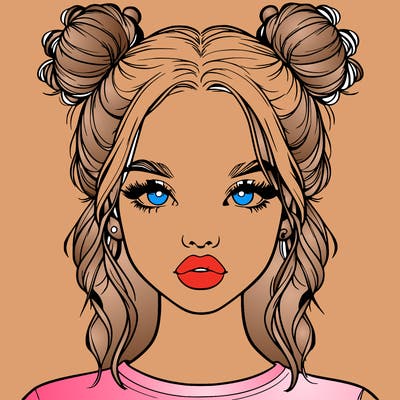 realistic girl with two buns in hair and lips