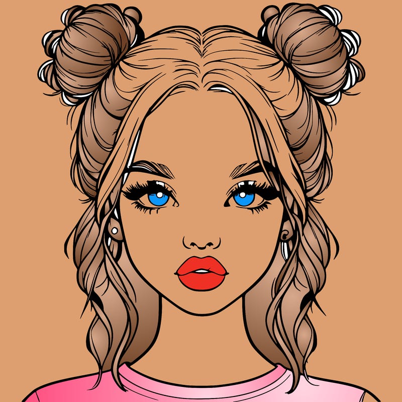 realistic girl with two buns in hair and lips