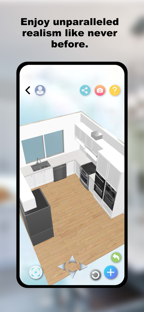 A 3D isometric view of a modern kitchen renovation with white cabinets and wood flooring in the ARKitchen app