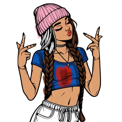 realistic teenage girl with braids and a beanie and crop top doing 🫶🏼