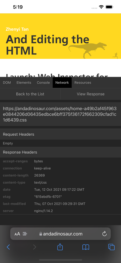 Interface de l'application Web Inspector montrant les en-têtes de réponse réseau d'un site web