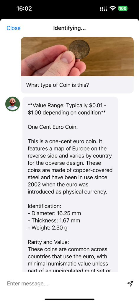 Coin Scanner: Identify & Value - AI-powered coin identification screen showing value range and technical details for a one cent Euro coin