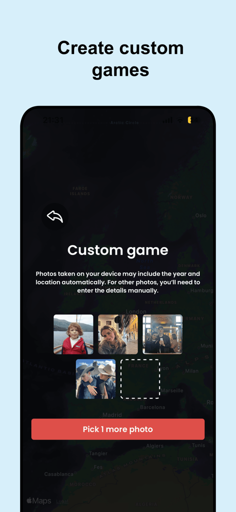 TimeGuessr app screen showing the interface to create custom games using personal photos
