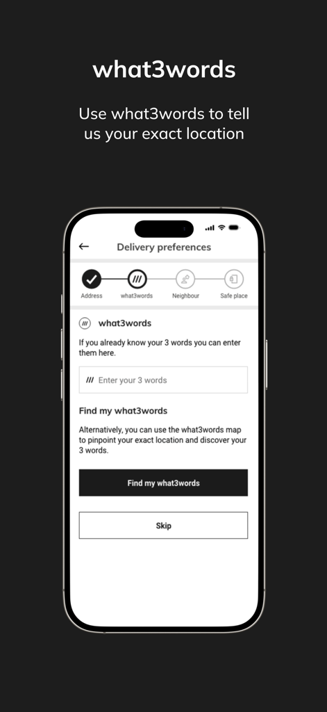 Yodel app delivery preferences screen featuring what3words for precise location tracking.
