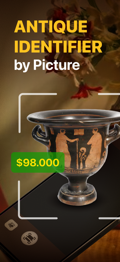 Antique Identifier By Picture. - Antique Identifier app scanning a Greek vase with a displayed valuation of 98,000 dollars