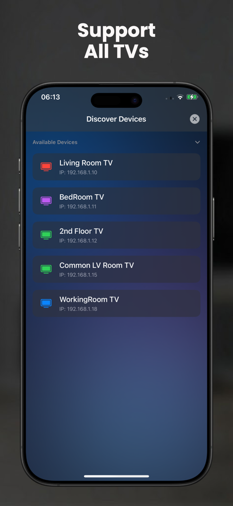 A list of discovered smart TV devices in the AllShare Cast app interface on an iPhone.