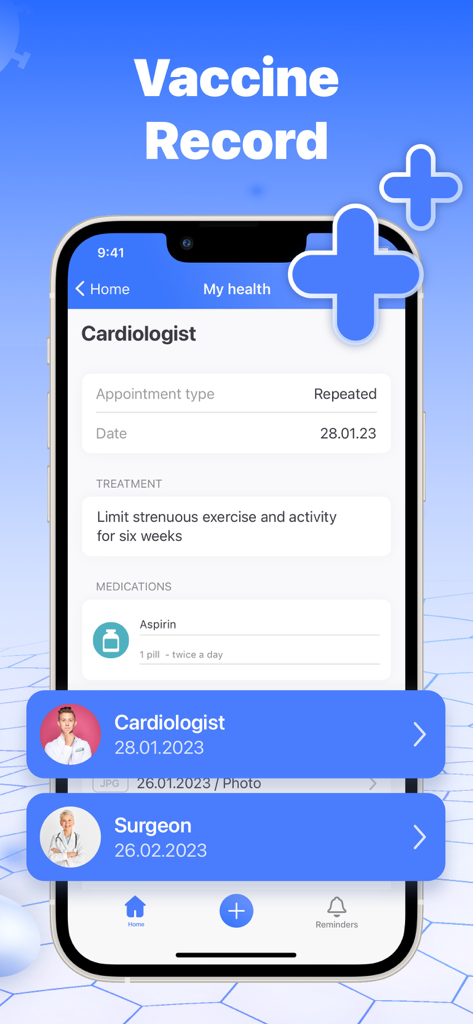Vaccine & Immunization Record - Interface of the Vaccine and Immunization Record app displaying cardiologist visit details and treatment plan