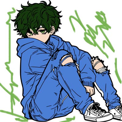 a male hoddie ripped jeans messy hair anime