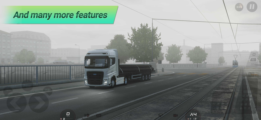 A white truck transporting industrial pipes on a foggy city street with tram tracks in Truckers of Europe 3.