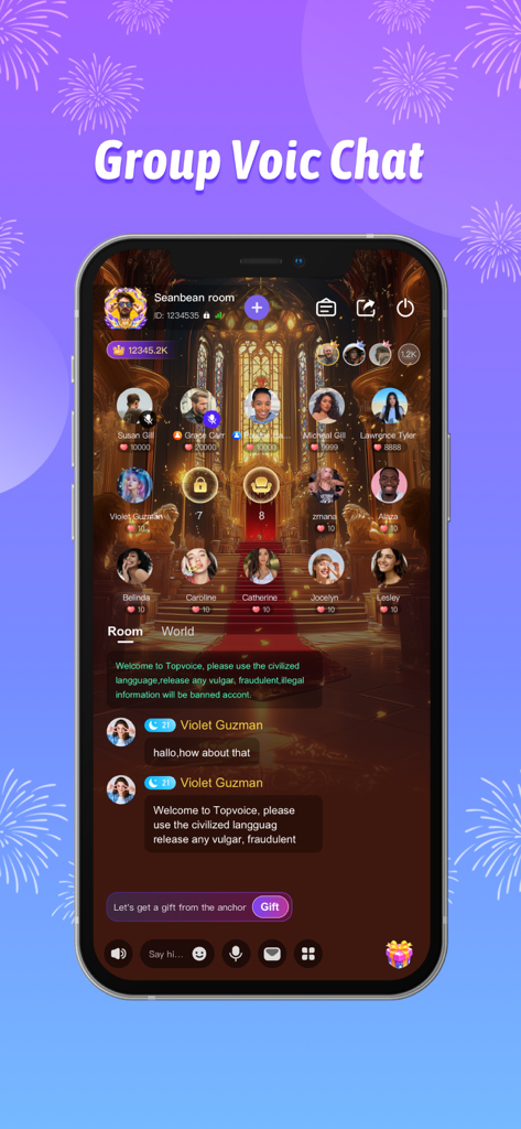 TopVoice - Group Voice Chat - Interfaz de la aplicación TopVoice que muestra una sala de chat de voz grupal virtual con varios iconos de usuario y una ventana de chat