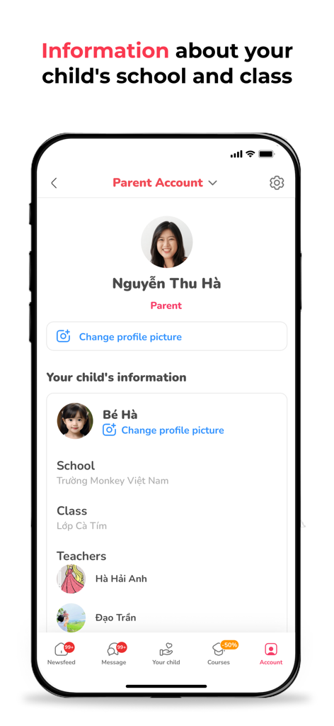 Monkey Class - Interfaz de la aplicación Monkey Class que muestra el perfil de la cuenta del padre con información escolar y del profesor del niño